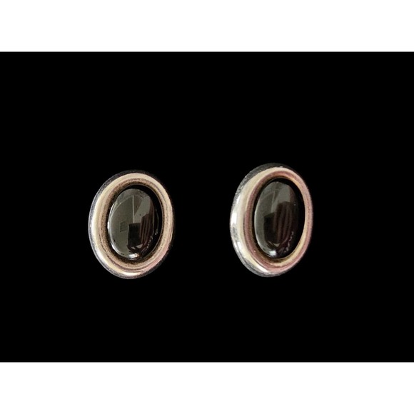 Vintage NVC 0925 Sterling Silver Faux Black Cabochon Clip on Earrings 925 - Picture 1 of 12